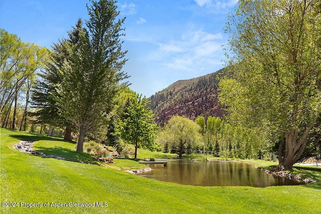 view of community featuring a yard and a water and mountain view