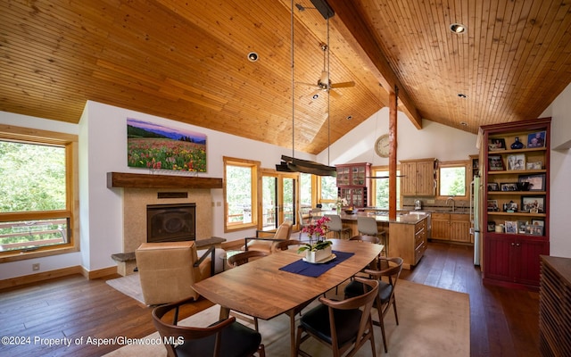 dining space featuring high vaulted ceiling, dark hardwood / wood-style floors, ceiling fan, a wealth of natural light, and beamed ceiling