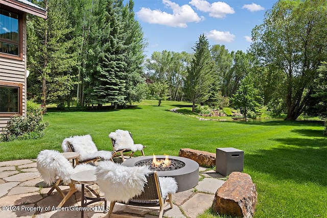 view of yard featuring a patio and an outdoor fire pit