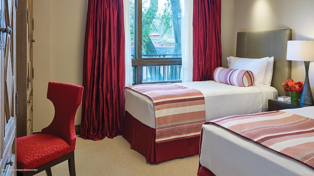 bedroom with light colored carpet
