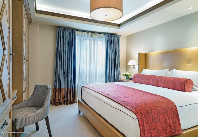 bedroom featuring recessed lighting and light carpet