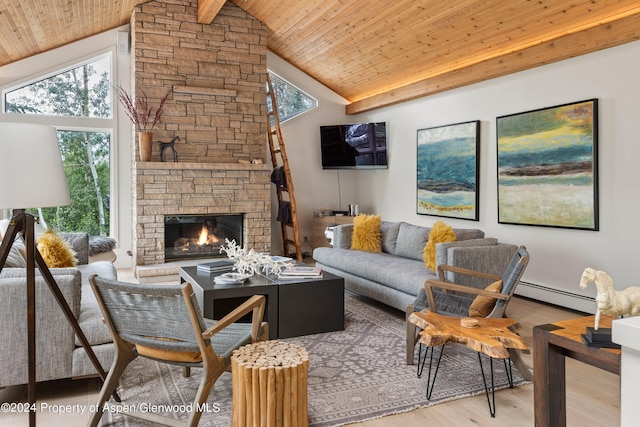 living room with high vaulted ceiling, a baseboard heating unit, hardwood / wood-style flooring, a fireplace, and wood ceiling