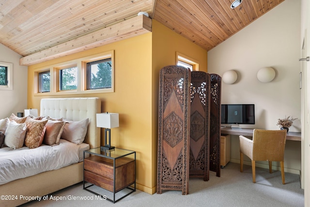 carpeted bedroom featuring lofted ceiling and wooden ceiling