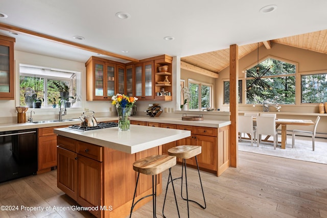 kitchen with wooden ceiling, light hardwood / wood-style flooring, vaulted ceiling with beams, black dishwasher, and a kitchen island