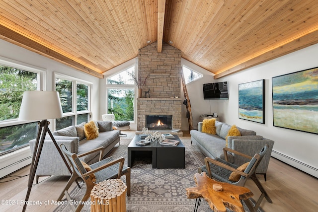 living room featuring a fireplace, beam ceiling, plenty of natural light, and wood ceiling