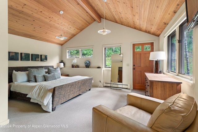 carpeted bedroom with beamed ceiling, multiple windows, baseboard heating, and wooden ceiling