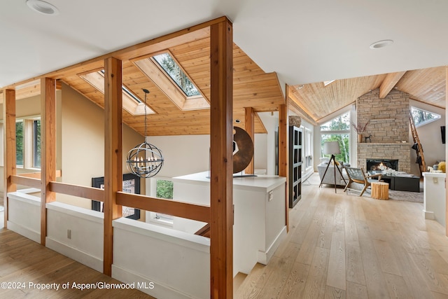 hall with lofted ceiling with skylight, light hardwood / wood-style flooring, wooden ceiling, and a notable chandelier