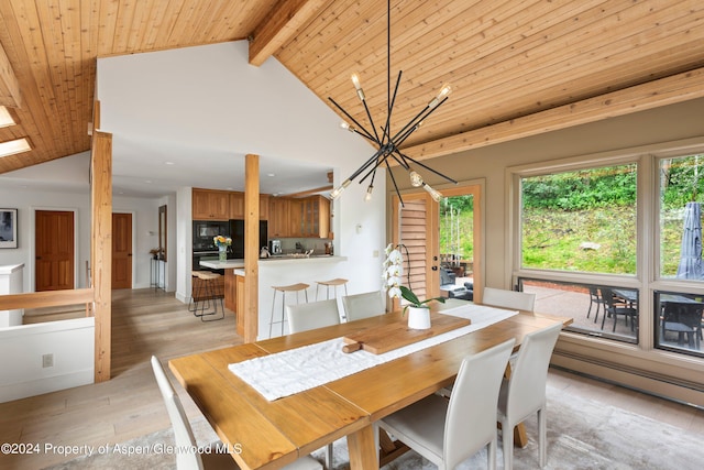 dining space with wooden ceiling, vaulted ceiling with beams, baseboard heating, light hardwood / wood-style floors, and a chandelier