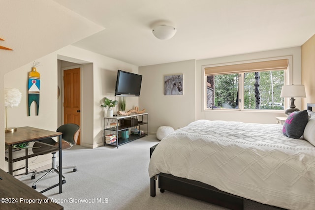 bedroom featuring light carpet