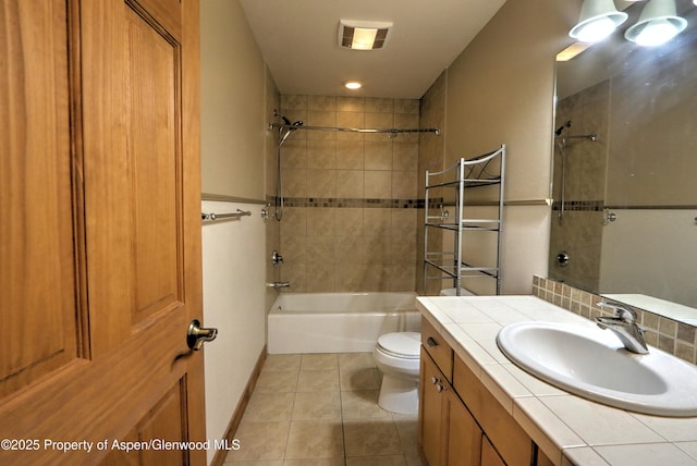 full bath featuring tile patterned flooring, visible vents, vanity, toilet, and shower / bath combination