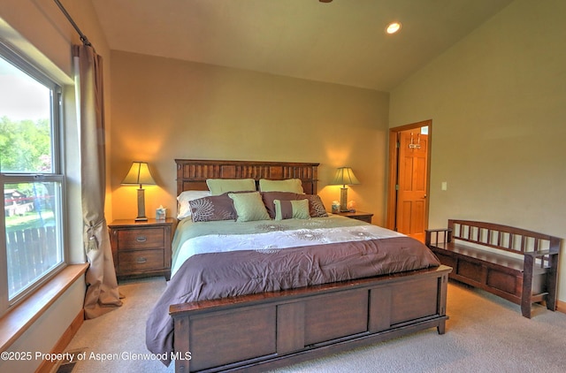 carpeted bedroom featuring recessed lighting, baseboards, and vaulted ceiling