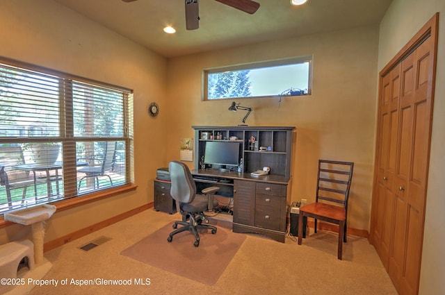 carpeted home office featuring visible vents, a ceiling fan, baseboards, and recessed lighting