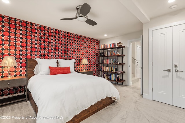 552 Mountain Laurel Dr, Aspen, CO 81611 - bedroom featuring an accent wall, recessed lighting, a closet, a ceiling fan, and carpet