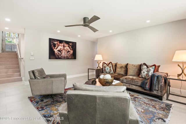 552 Mountain Laurel Dr, Aspen, CO 81611 - living area with recessed lighting, stairs, and ceiling fan