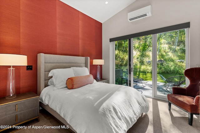 carpeted bedroom featuring vaulted ceiling, multiple windows, access to outside, and a wall mounted AC