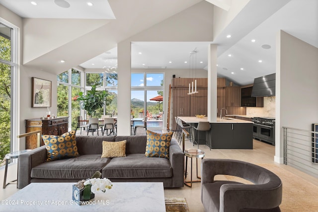 552 Mountain Laurel Dr, Aspen, CO 81611 - living area with high vaulted ceiling and recessed lighting