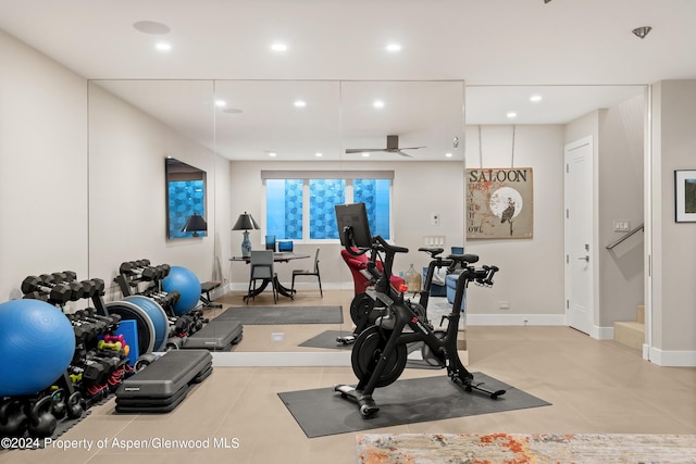 workout area with ceiling fan