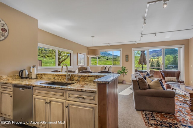 150 Snowmass Club Cir Unit 1623, Snowmass Village, CO 81615 - kitchen with stainless steel dishwasher, a sink, open floor plan, and track lighting