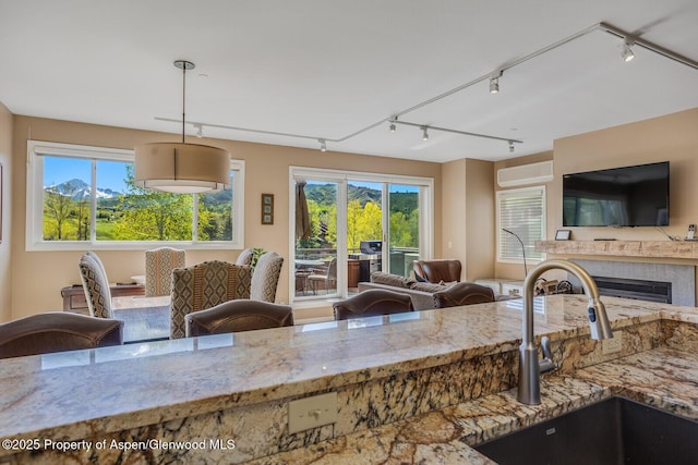 150 Snowmass Club Cir Unit 1623, Snowmass Village, CO 81615 - kitchen featuring a sink, open floor plan, light stone counters, and track lighting