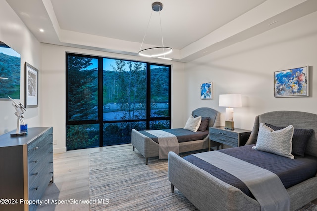 bedroom with light wood-type flooring and a tray ceiling