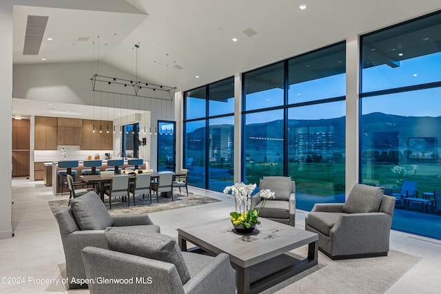 living room featuring a mountain view and high vaulted ceiling