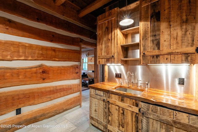 1350 Old Herron Rd, Basalt, CO 81621 - kitchen with wooden counters, open shelves, and a wood ceiling with exposed beams