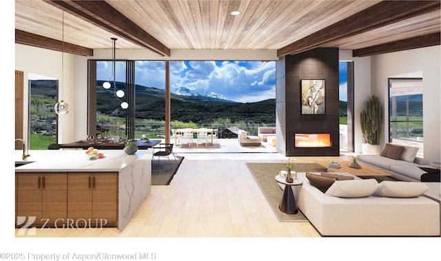 1350 Old Herron Rd, Basalt, CO 81621 - living area with a mountain view, a large fireplace, light wood finished floors, a wood ceiling with exposed beams, and plenty of natural light