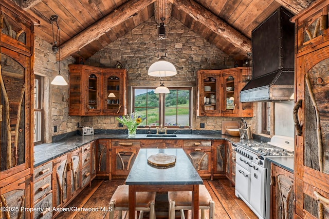 1350 Old Herron Rd, Basalt, CO 81621 - kitchen featuring wall chimney exhaust hood, dark wood finished floors, wooden ceiling, brown cabinets, and gas range gas stove