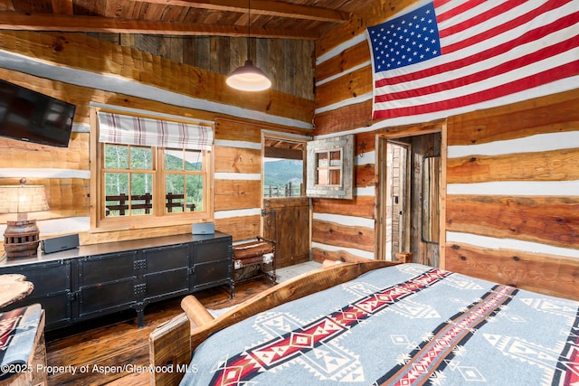 1350 Old Herron Rd, Basalt, CO 81621 - bedroom featuring wooden walls, a wood ceiling with exposed beams, and wood finished floors