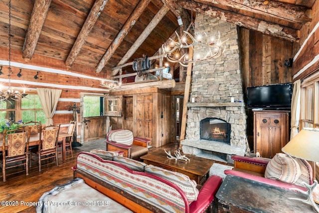 1350 Old Herron Rd, Basalt, CO 81621 - living area featuring high vaulted ceiling, hardwood / wood-style floors, a wood ceiling with exposed beams, a chandelier, and wooden walls