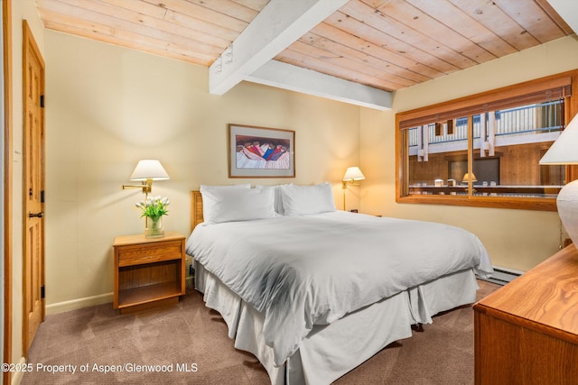 131 E Durant Ave Unit 202, Aspen, CO 81611 - bedroom featuring wood ceiling with exposed beams, carpet, baseboards, and baseboard heating
