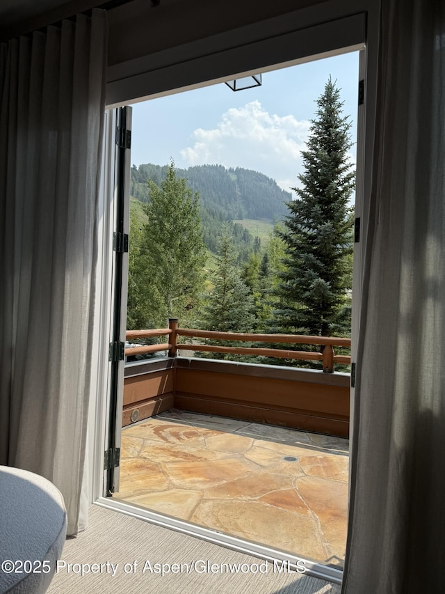 87 Thunderbowl Ln, Aspen, CO 81611 - doorway to outside featuring light stone finish flooring, a wooded view, and a mountain view