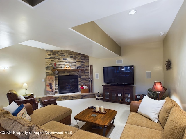 living room with visible vents, a fireplace, lofted ceiling, and carpet floors