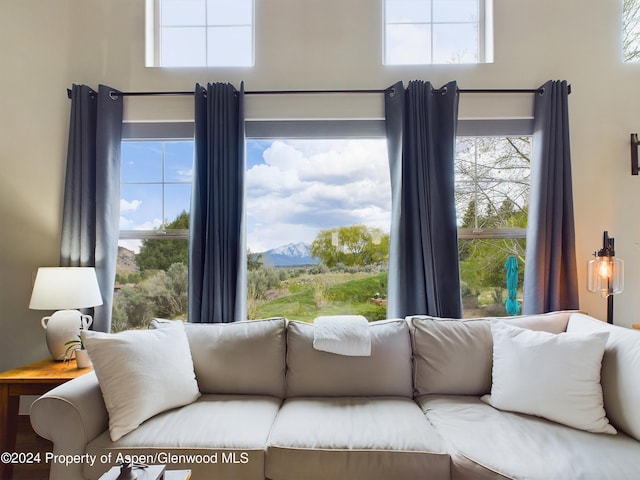 living area featuring a mountain view