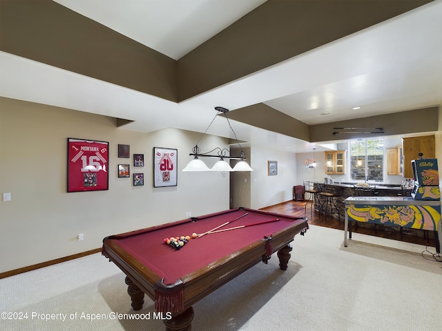 playroom with baseboards, carpet floors, pool table, vaulted ceiling, and bar