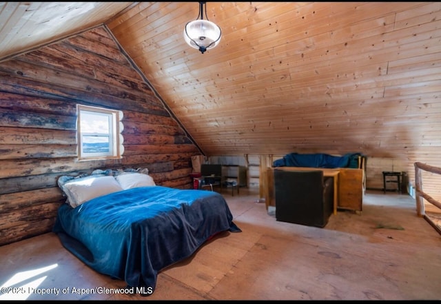 bedroom with vaulted ceiling, wooden ceiling, and rustic walls