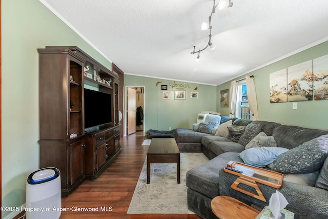 1137 Rose St, Craig, CO 81625 - living area featuring crown molding, dark wood-style floors, and a textured ceiling
