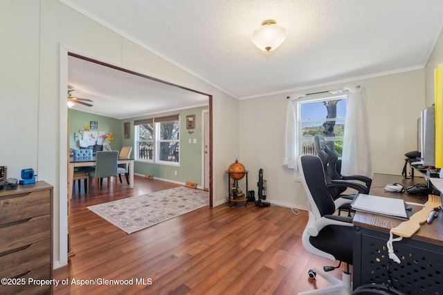 1137 Rose St, Craig, CO 81625 - office with wood finished floors, crown molding, a textured ceiling, and ceiling fan