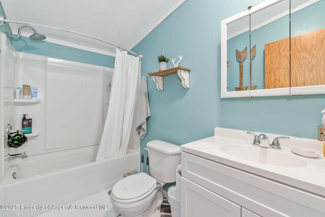 1137 Rose St, Craig, CO 81625 - bathroom with shower / bathtub combination with curtain, vanity, and vaulted ceiling