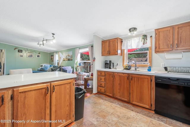 1137 Rose St, Craig, CO 81625 - kitchen featuring dishwasher, brown cabinets, light countertops, ornamental molding, and open floor plan