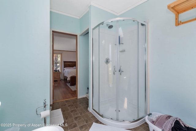 1137 Rose St, Craig, CO 81625 - bathroom with a stall shower, ornamental molding, and ensuite bath