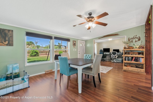 1137 Rose St, Craig, CO 81625 - dining area with wood finished floors, ceiling fan, ornamental molding, and a desk