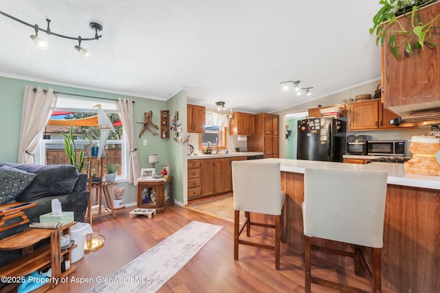 1137 Rose St, Craig, CO 81625 - kitchen featuring freestanding refrigerator, crown molding, track lighting, and light countertops