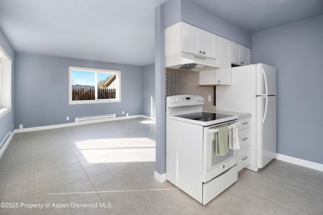 kitchen featuring white appliances, a baseboard radiator, decorative backsplash, white cabinets, and under cabinet range hood