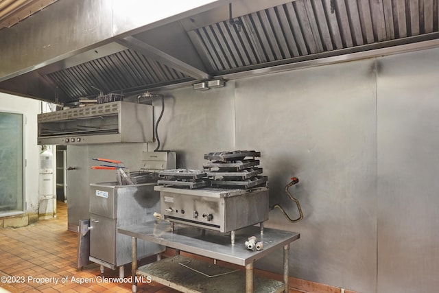 kitchen with lofted ceiling and stainless steel counters