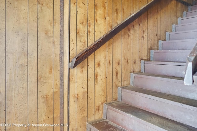 staircase featuring wood walls