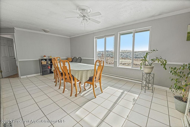 86 Counts Dr, Craig, CO 81625 - dining area with crown molding, a textured ceiling, ceiling fan, and light tile patterned flooring