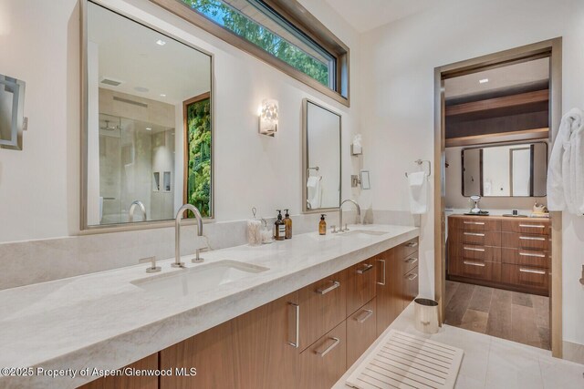 700 W Smuggler St, Aspen, CO 81611 - bathroom featuring double vanity and a shower with door
