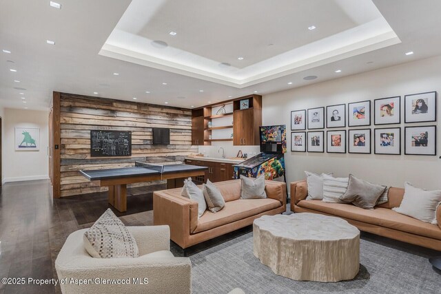 700 W Smuggler St, Aspen, CO 81611 - living area with recessed lighting, dark wood-style floors, and a raised ceiling