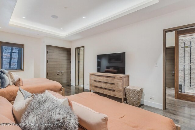 700 W Smuggler St, Aspen, CO 81611 - bedroom with wood finished floors, a raised ceiling, and recessed lighting